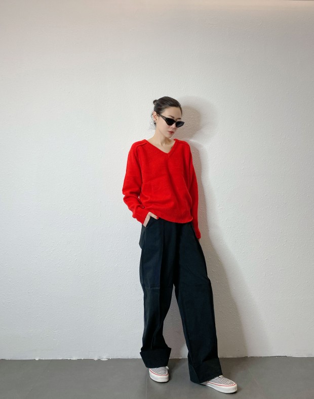 Red V Neck Knit #241210